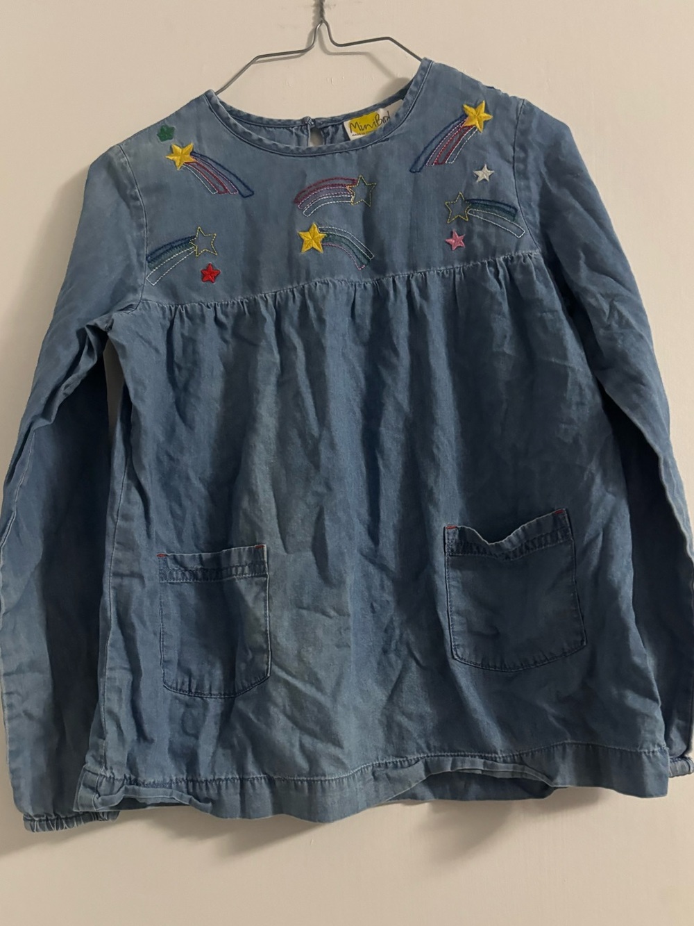 Mini Boden Denim-Blue Long-Sleeve Top with Colorful Star Embroidery